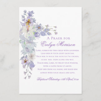 Lavender Floral Cross Baptism Prayer Card Informatiekaartje
