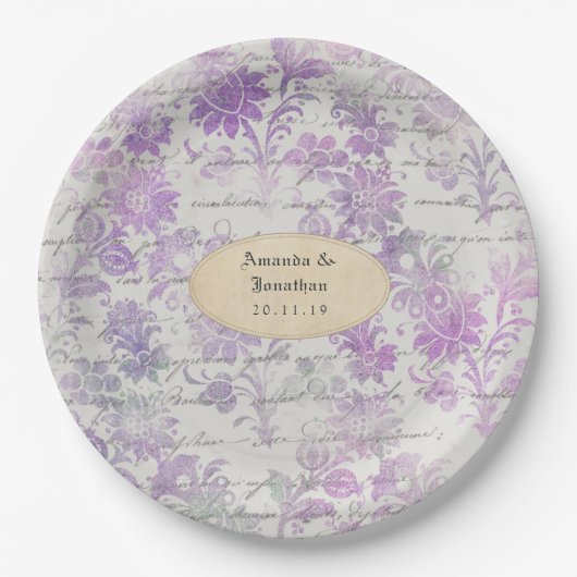Lavender Floral Damask Wedding Papieren Bordje (Voorkant)