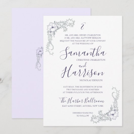 Lavender Floral Elegant and Minimal Wedding Invite Kaart (Voorkant / Achterkant)