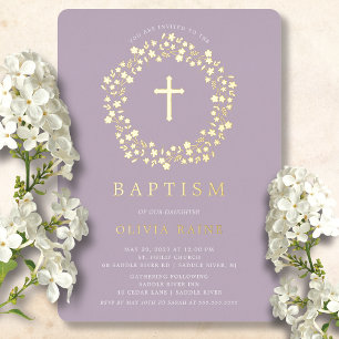 Lavender Floral First Baptism Folie Invitation Uitnodiging