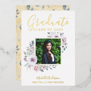 Lavender Floral Gold Foil Foto Afstuderen Folie Uitnodiging