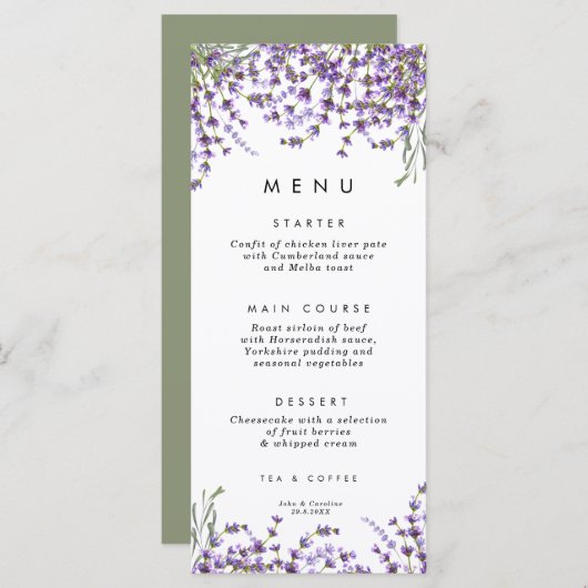 lavender floral greenery bruiloft - menukaarten menu (Voorkant / Achterkant)
