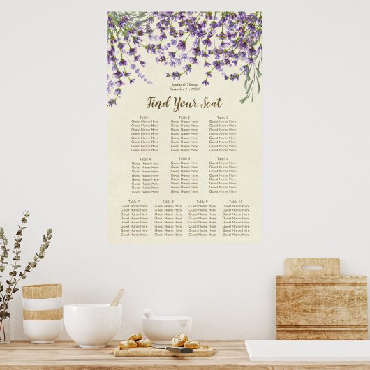 lavender floral ivory bruiloft-zitplattegrond poster (Keuken)