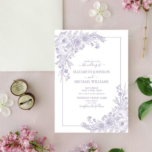  lavender Floral Line Art-script bruiloft Kaart