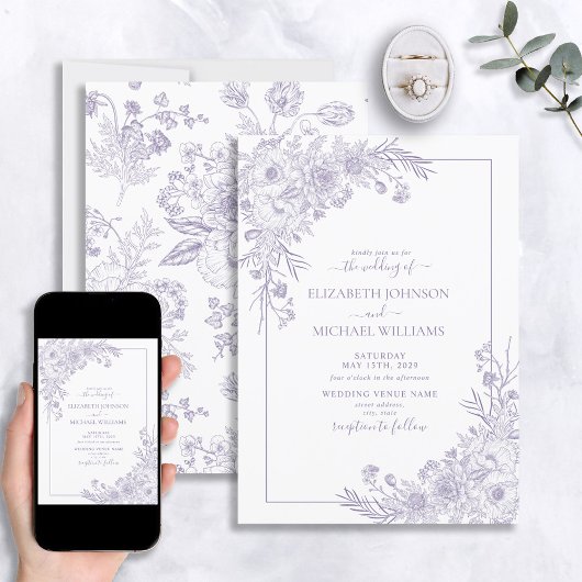 lavender Floral Line Art-script bruiloft Kaart