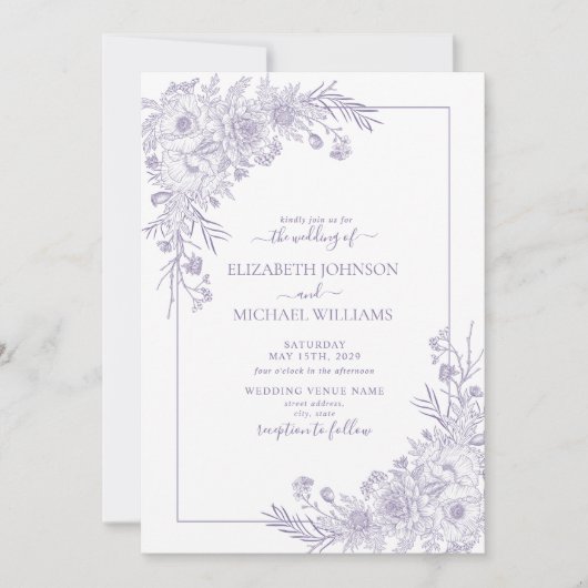 lavender Floral Line Art-script bruiloft Kaart (Voorkant)