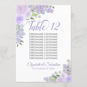 Lavender Floral Mariage Numéro de table & Noms Gra