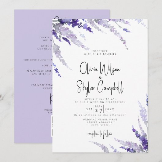 Lavender Floral Paars QR code all in one Wedding Kaart (Voorkant / Achterkant)