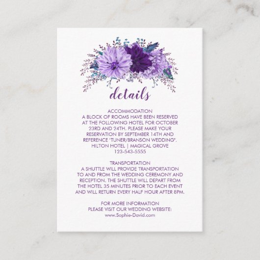 Lavender Floral Plum Paars Wedding Information Informatiekaartje (Voorkant)