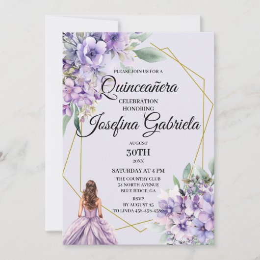 Lavender floral Quinceañera Invitation (Devant)