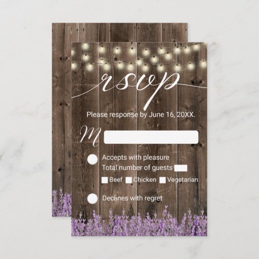 Lavender Floral Rustic String Lights Wedding RSVP (Voorkant / Achterkant)