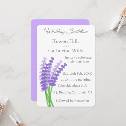 Lavender Floral Wedding Invitation Kaart (Voorkant / Achterkant in situ)
