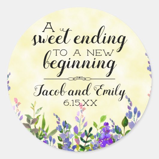 Lavender Floral Yellow Wedding for Envelope Ronde Sticker (Voorkant)