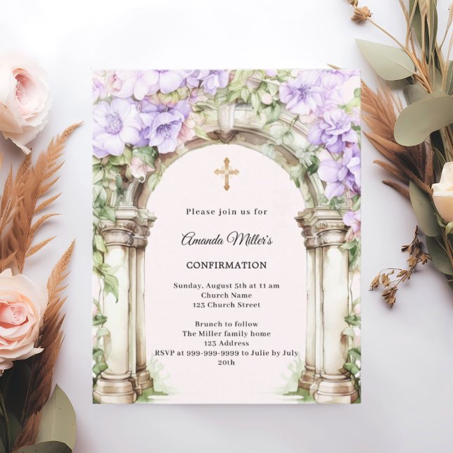Lavender florals arch girl Confirmation invitation (Creator heeft geüpload)