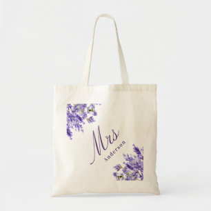 Lavender florals violet script mw naam bruiloft tote bag