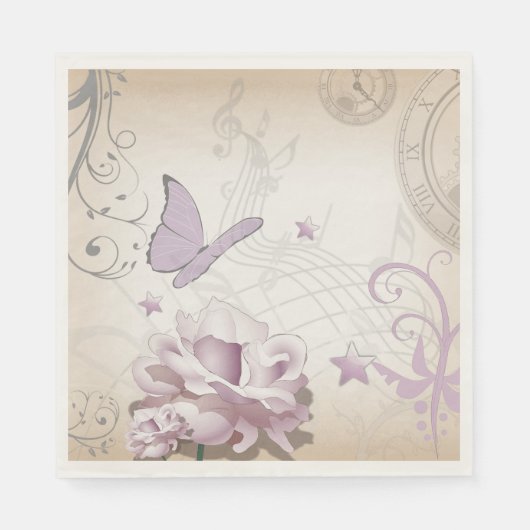 Lavender Flower, Butterfly, Music, Clocks, Clocks Servetten (Voorkant)
