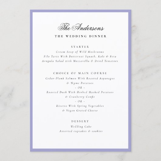 Lavender Frame Calligraphy Name Wedding Dinner Menu (Voorkant)