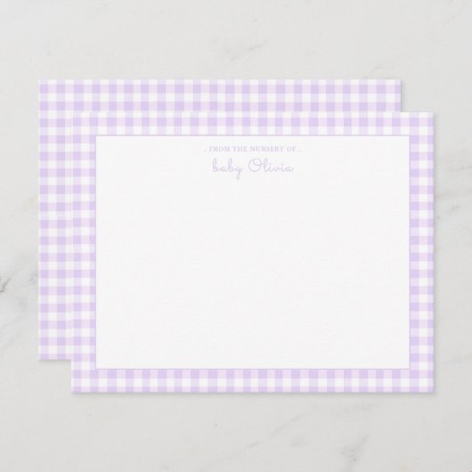Lavender Gingham check Baby Girl Flat Dank u Bedankkaart (Voorkant / Achterkant)
