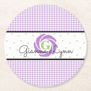 Lavender Gingham Monogrammed Ronde Kartonnen Onderzetter