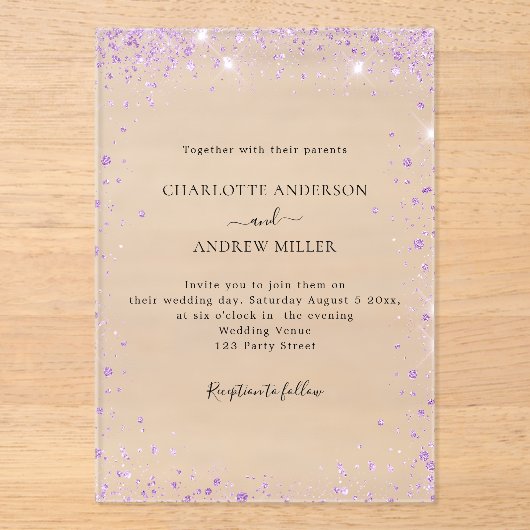 Lavender glitter evening clear wedding acryl uitnodigingen (Voorkant)
