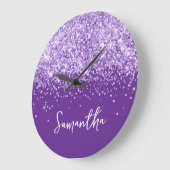 Lavender Glitter Royal Paarse Script Naam Grote Klok (Hoek)