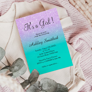 Lavender glitter turkooise ombre girl baby shower kaart