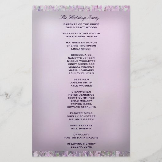 Lavender Glitter Wedding Programme (Achterkant)