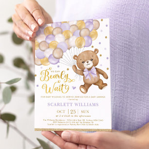 Lavender Gold Brown Teddy Bear Girl Baby shower Kaart