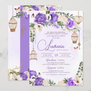 Lavender Gold Butterfly Floral Elegant Quinceañera Kaart