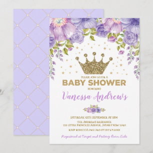 Lavender Gold Crown Princess Floral Baby shower Kaart