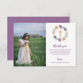 Lavender & Gold Floral Cross First Heilige Communi Bedankkaart (Voorkant / Achterkant)