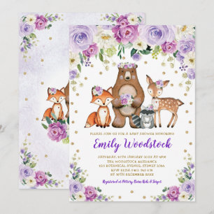 Lavender Gold Floral Woodland Animals Baby shower Kaart