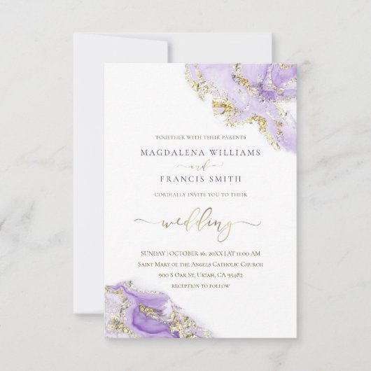 lavender gold ink vloeibare marmer bruiloft uitnod kaart (Voorkant)