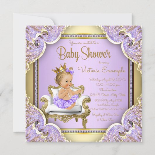 Lavender Gold Princess Baby Shower Invitations (Devant)