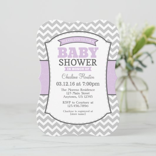 Lavender Gray Chevron Baby shower Uitnodiging (Staand voorkant)