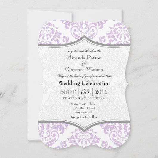 Lavender Gray Damask Bracket Wedding Invite Kaart (Voorkant)