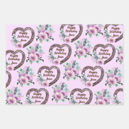 Lavender & Green Floral Hearts Personaliseer Naam Inpakpapier Vel