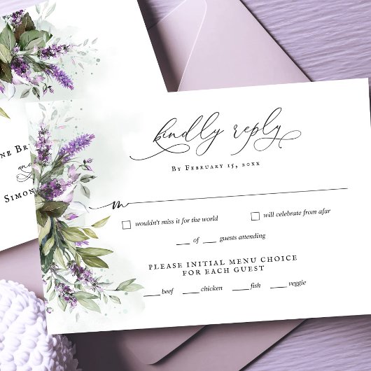Lavender Greenery Script Wedding Carte de réponse