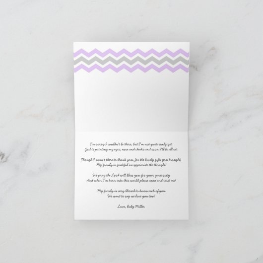 Lavender Grey Chevron Baby shower merci notes (Intérieur)