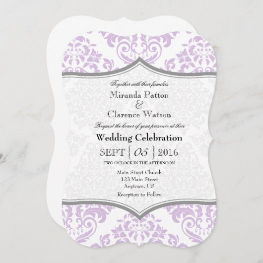 Lavender Grey Damask Bracket Wedet Invitation (Devant / Derrière)