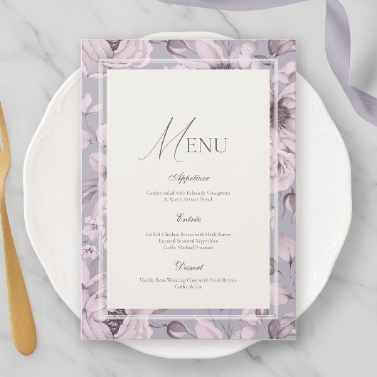 Lavender Grey Floral Wedding Menu Kaart
