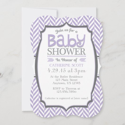 Lavender Grey Herringbone Baby Shower Invitations (Devant)