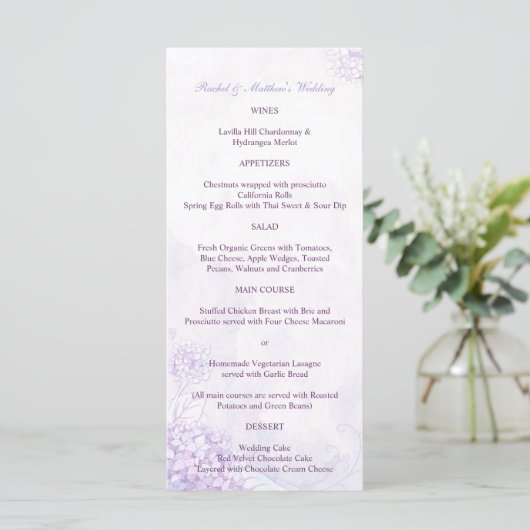 Lavender Hydrangeas Long Vertical Wedding Menu (Staand voorkant)