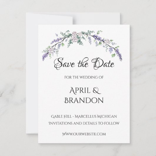 Lavender Ivory Roos en Eucalyptus Save The Date (Voorkant)