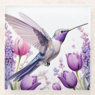Lavender kolibrie omringd door bloemen glazen onderzetter