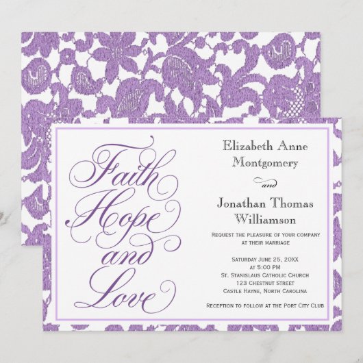 Lavender Lace Script Faith Hope & Love Wedding Kaart (Voorkant / Achterkant)