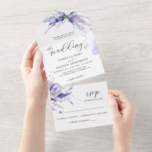 Lavender Lila Elegant Floral Botanical Wedding All In One Uitnodiging
