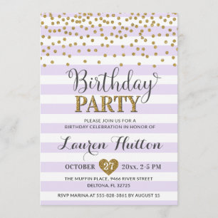 Lavender Lila Gold Glitter Elegant Birthday Party Kaart