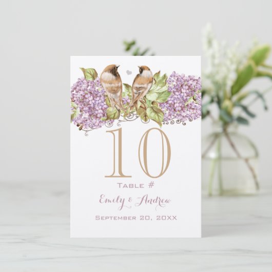 Lavender Lila Love Bird Wedding Table Number Kaart (Staand voorkant)