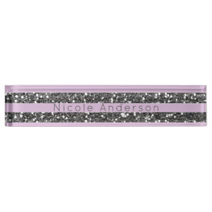Lavender Lila Paars Silver Glitter Stripes Naambordje